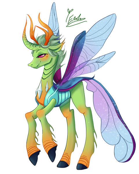 Size: 2400x3000 | Tagged: safe, artist:redlaserartist, derpibooru import, thorax, changedling, changeling, blushing, g4, image, king thorax, knee blush, lidded eyes, male, png, raised hoof, raised hooves, signature, simple background, smiling, solo, spread wings, tail, white background, wings