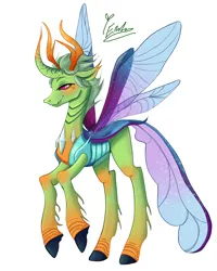 Size: 2400x3000 | Tagged: safe, artist:redlaserartist, derpibooru import, thorax, changedling, changeling, blushing, g4, image, king thorax, knee blush, lidded eyes, male, png, raised hoof, raised hooves, signature, simple background, smiling, solo, spread wings, tail, white background, wings