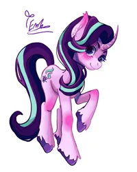 Size: 2400x3000 | Tagged: safe, artist:redlaserartist, derpibooru import, starlight glimmer, pony, unicorn, blushing, cutie mark eyes, female, g4, horn, horn pattern, image, knee blush, looking at you, mare, png, raised hoof, signature, simple background, solo, tail, unshorn fetlocks, white background, wingding eyes