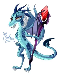 Size: 2400x3000 | Tagged: safe, artist:redlaserartist, derpibooru import, princess ember, dragon, bloodstone scepter, claws, dragon lord ember, dragoness, female, g4, horns, image, png, signature, simple background, smiling, solo, spread wings, tail, white background, wings