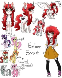 Size: 2400x3000 | Tagged: safe, artist:redlaserartist, derpibooru import, candy apples, fluttershy, marble pie, starlight glimmer, sunset shimmer, oc, oc:cherry pudding, oc:ember sprout, bat pony, crystal pony, earth pony, human, pegasus, pony, unicorn, apple family member, arm behind back, arm grab, blushing, bow, clothes, converse, cutie mark eyes, ear fluff, earth pony oc, fangs, female, folded wings, g4, hair bow, horn, horn pattern, humanized, image, knee blush, long socks, mare, png, ponysona, raised hoof, raised leg, reference sheet, shirt, shoes, simple background, skirt, smiling, spread wings, tail, unicorn oc, unshorn fetlocks, white background, wingding eyes, wings