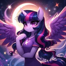 Size: 1024x1024 | Tagged: prompter needed, safe, ai content, derpibooru import, generator:copilot, machine learning generated, twilight sparkle, twilight sparkle (alicorn), alicorn, anthro, pony, unguligrade anthro, alicorn horn, alternate cutie mark, arm hooves, blushing, breasts, busty twilight sparkle, clothes, cutie mark, cutie mark on clothes, cutie mark on t-shirt, derpibooru exclusive, female, g4, galaxy, horn, image, long mane, mare, moon, png, shirt, stars, t-shirt, wings