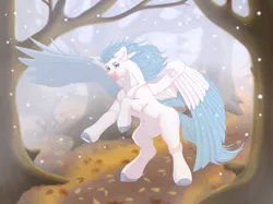 Size: 7087x5315 | Tagged: safe, artist:creed larsen, derpibooru import, oc, unofficial characters only, pegasus, pony, commission, forest, hooves, image, leaves, nature, png, raised hoof, smiling, snow, snowfall, solo, tree, wings, winter