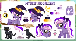 Size: 5450x2974 | Tagged: safe, artist:jennieoo, derpibooru import, raven, oc, oc:mystic moonlight, bird, cat, crow, pony, unicorn, commission, cutie mark, fangs, gem, happy, hat, image, looking at you, png, show accurate, simple background, smiling, smiling at you, solo, tongue out, vector, witch hat