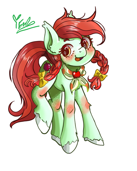 Size: 2400x3000 | Tagged: safe, artist:redlaserartist, derpibooru import, candy apples, earth pony, pony, apple family member, blushing, clothes, cutie mark eyes, female, g4, image, knee blush, looking sideways, mare, open mouth, open smile, png, scarf, signature, simple background, smiling, solo, tail, unshorn fetlocks, white background, wingding eyes