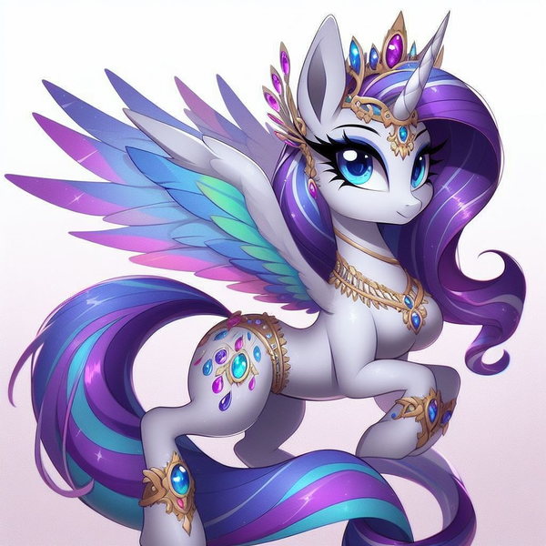 Size: 1024x1024 | Tagged: safe, ai content, derpibooru import, generator:copilot, machine learning generated, rarity, alicorn, pony, alicorn horn, alicornified, alternate cutie mark, alternate hairstyle, alternate universe, arm hooves, blushing, breasts, busty rarity, chestbreasts, collar, colored wings, crown, cutie mark, derpibooru exclusive, female, g4, horn, image, jewelry, long mane, long tail, mare, multicolored mane, multicolored wings, png, race swap, raricorn, regalia, stars, tail, wings