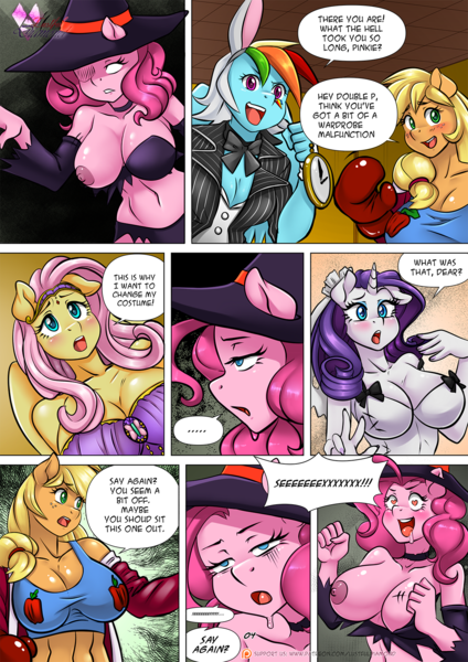Size: 1200x1697 | Tagged: questionable, artist:cabrony, artist:pia-sama, derpibooru import, applejack, fluttershy, pinkie pie, rainbow dash, rarity, anthro, pegasus, unicorn, comic:lustful diamond, comic:night of the living sex, comic:night of the living sex (color), comic:rogue diamond, big breasts, breasts, busty applejack, busty fluttershy, busty pinkie pie, busty rarity, cauldron, cleavage, clothes, comic, contagious lust, costume, erect nipples, female, g4, halloween, halloween costume, hat, heart, heart eyes, holiday, image, imminent sex, ladle, male, nipple outline, nipple piercing, nipples, nudity, one breast out, open mouth, partial nudity, piercing, png, speech bubble, straight, wingding eyes, witch hat