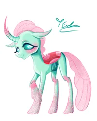 Size: 2400x3000 | Tagged: safe, artist:redlaserartist, derpibooru import, ocellus, changedling, changeling, blushing, curved horn, female, g4, horn, image, knee blush, looking at you, png, raised hoof, signature, simple background, smiling, smiling at you, solo, tail, white background