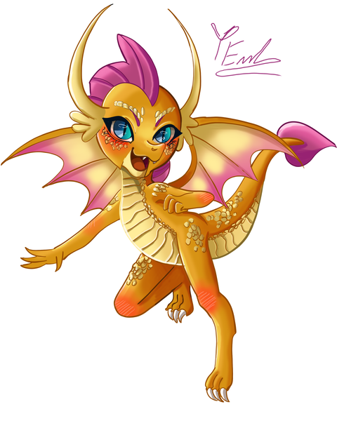 Size: 2400x3000 | Tagged: safe, artist:redlaserartist, derpibooru import, smolder, dragon, blushing, claws, dragoness, female, g4, image, knee blush, looking at you, open mouth, open smile, png, scales, signature, simple background, smiling, solo, spread wings, tail, white background, wings
