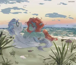 Size: 2873x2466 | Tagged: safe, artist:laymy, derpibooru import, oc, unofficial characters only, earth pony, pegasus, pony, beach, duo, duo female, female, goggles, goggles on head, grin, image, jpeg, looking at you, lying down, mare, ocean, side, smiling, smiling at you, sunset, water