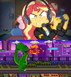 Size: 1280x1378 | Tagged: safe, derpibooru import, fluttershy, sunset shimmer, equestria girls, equestria girls series, game stream, spoiler:eqg series (season 2), angry, bart simpson, bart's nightmare, female, g4, image, male, png, reaction image, super nintendo, the simpsons, video game
