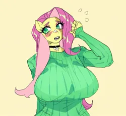 Size: 2283x2120 | Tagged: safe, artist:drizzlingprince, derpibooru import, fluttershy, anthro, pegasus, big breasts, blushing, breasts, busty fluttershy, clothes, cute, female, g4, image, jpeg, long hair, long sleeves, looking away, open mouth, playing with hair, shy, shyabetes, simple background, solo, solo female, sweat, sweater, sweater puppies, sweatershy