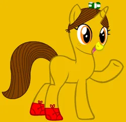 Size: 812x783 | Tagged: safe, artist:rain-approves, artist:spitfirethepegasusfan39, ponerpics import, ponified, pony, unicorn, adult blank flank, base used, blank flank, bow, clothes, female, freckles, g4, gold background, hair bow, image, little miss, little miss magic, mare, mr. men, mr. men little miss, open mouth, open smile, png, raised arm, shoes, simple background, smiling, sneakers, solo, yellow nose