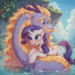 Size: 4096x4096 | Tagged: safe, ai content, artist:venisoncreampie, derpibooru import, machine learning assisted, machine learning generated, stable diffusion, rarity, steven magnet, pony, sea serpent, unicorn, blushing, chest fluff, cloud, cute, derpibooru exclusive, digital art, dripping, duo, duo male and female, ear fluff, eyelashes, eyeshadow, female, flowing mane, flowing tail, g4, generator:pony diffusion v6 xl, horns, image, looking at each other, looking at someone, makeup, male, mare, ocean, open mouth, open smile, png, request, scales, sky, smiling, smiling at each other, swimming, tail, teeth, water, wet, wet mane