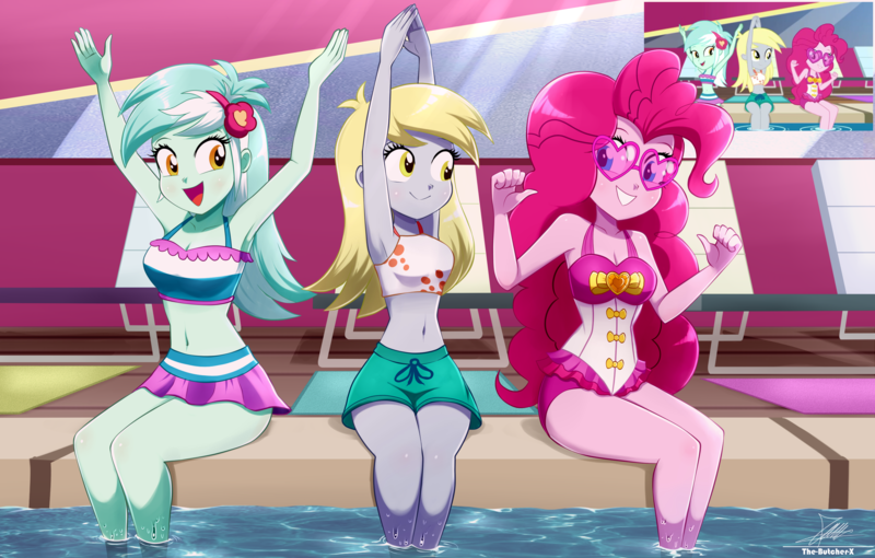 Size: 3034x1934 | Tagged: safe, artist:the-butch-x, derpibooru import, derpy hooves, lyra heartstrings, pinkie pie, equestria girls, equestria girls series, i'm on a yacht, spoiler:eqg series (season 2), belly button, bikini, bikini top, clothes, cute, derpabetes, diapinkes, female, g4, grin, image, lyrabetes, open mouth, png, scene interpretation, screencap reference, smiling, sunglasses, swimming pool, swimsuit, trio, trio female, trunks, water, yacht