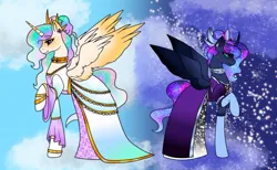 Size: 640x393 | Tagged: safe, artist:edgelords-still-arent-funny, derpibooru import, princess celestia, princess luna, alicorn, pony, bracelet, clothes, cloud, crown, curved horn, ear piercing, female, freckles, g4, hair up, horn, image, jewelry, jpeg, peytral, piercing, raised hoof, regalia, skirt, sky background, spread wings, standing, stars, wings