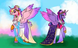 Size: 2048x1258 | Tagged: safe, artist:edgelords-still-arent-funny, derpibooru import, princess cadance, twilight sparkle, twilight sparkle (alicorn), alicorn, pony, blushing, clothes, cloud, crown, dress, freckles, g4, greek clothes, hair up, hoof shoes, horn, image, jewelry, jpeg, peytral, raised hoof, regalia, skirt, sky background, spread wings, wings
