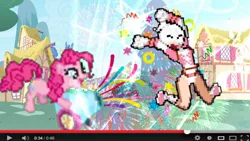 Size: 1280x720 | Tagged: safe, artist:spider-monkie, derpibooru import, earth pony, human, pony, female, gwenpool, image, jpeg, marvel, party cannon, pixel art, ponyville, sprite, youtube video