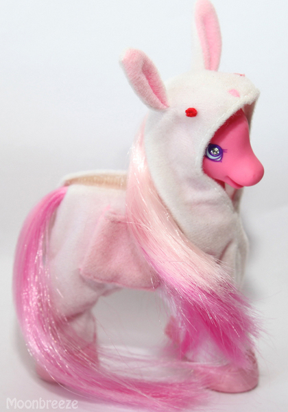 Size: 526x752 | Tagged: safe, derpibooru import, photographer:moonbreeze, earth pony, pony, g2, animal costume, bunny costume, clothes, costume, female, honey (g2), image, jpeg, mare, onesie, photo, solo, toy