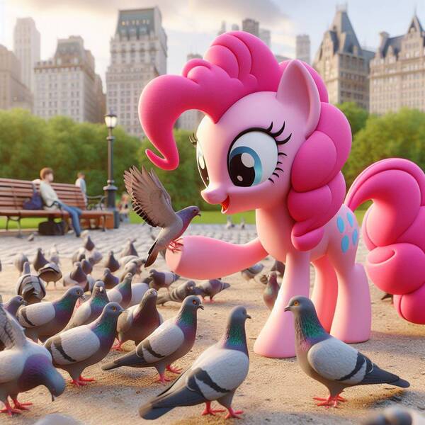 Size: 1024x1024 | Tagged: safe, ai content, derpibooru import, machine learning generated, pinkie pie, bird, earth pony, human, pigeon, pony, bench, building, central park, cute, diapinkes, image, jpeg, new york city, park, park bench, prompter:pinkiepiepics, solo