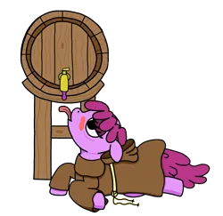 Size: 1086x1055 | Tagged: safe, artist:cutehorseprions, ponerpics import, berry punch, berryshine, earth pony, pony, alcohol, barrel, blushing, clothes, drunk, female, image, mare, monk, png, ponerpics fantasy community collab 2024, robe, solo, wine