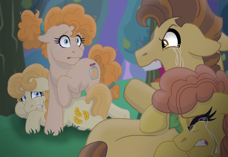 Size: 4278x2949 | Tagged: safe, artist:faitheverlasting, derpibooru import, aunt orange, cinnamon pear, grand pear, pear butter, earth pony, pony, angry, braid, crying, disowned, eyes closed, family, father and child, father and daughter, female, floppy ears, g4, gritted teeth, headcanon, high res, image, looking at each other, looking at someone, lying down, male, mare, mother and child, mother and daughter, open mouth, pear family member, pear tree, png, ponytail, prone, raised hoof, sad, siblings, sisters, stallion, story included, tears of anger, tears of sadness, teary eyes, teeth, tree, younger
