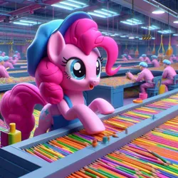 Size: 1024x1024 | Tagged: safe, ai content, derpibooru import, machine learning generated, pinkie pie, earth pony, human, pony, factory, female, image, jpeg, prompter:pinkiepiepics, solo, working
