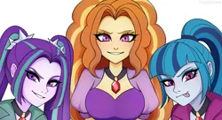 Size: 2304x1256 | Tagged: safe, artist:yussidian, derpibooru import, adagio dazzle, aria blaze, sonata dusk, human, equestria girls, rainbow rocks, female, grin, image, looking at you, png, smiling, smiling at you, the dazzlings, tongue out, trio, trio female