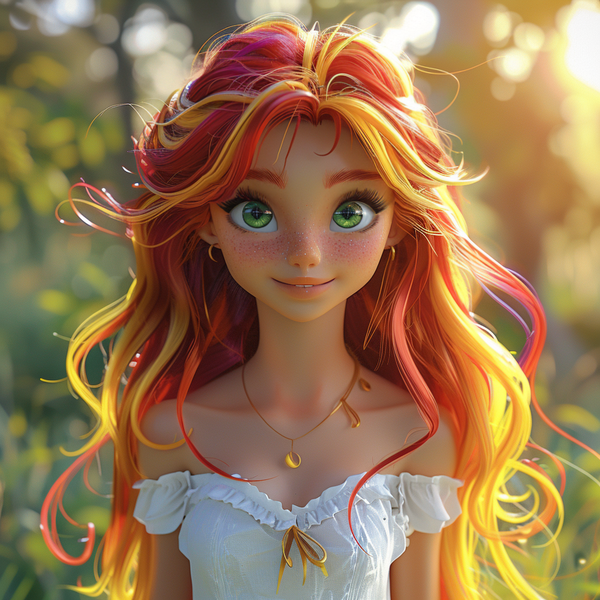 Size: 1024x1024 | Tagged: safe, ai content, derpibooru import, editor:sammykun, machine learning generated, sunset shimmer, human, bust, clothes, detailed hair, dress, female, freckles, frilly dress, generator:midjourney, humanized, image, jewelry, long hair, looking at you, necklace, off shoulder, png, portrait, prompter:sammykun, realistic, shoulderless, smiling, solo, white dress