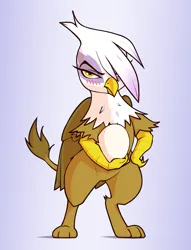Size: 1960x2560 | Tagged: safe, artist:aquaticvibes, derpibooru import, gilda, gryphon, bipedal, blushing, egg, female, gilda is not amused, gradient background, high res, holding, image, png, solo, tsundere, unamused