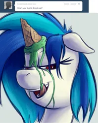 Size: 1129x1429 | Tagged: suggestive, derpibooru import, vinyl scratch, unicorn, ask dj pon3, food, ice cream, ice cream cone, image, png, red eyes, solo, text