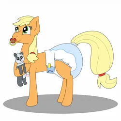 Size: 1280x1280 | Tagged: suggestive, artist:little-off-main, derpibooru import, applejack, earth pony, pony, diaper, diaper fetish, fetish, hatless, image, jpeg, missing accessory, pacifier, plushie, poofy diaper, solo