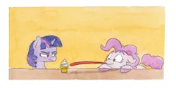 Size: 1393x700 | Tagged: safe, artist:lost marbles, derpibooru import, pinkie pie, twilight sparkle, earth pony, unicorn, cupcake, female, females only, food, image, long tongue, png, tongue out, traditional art, twilight sparkle is not amused, unamused, watercolor painting