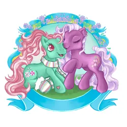 Size: 2048x2048 | Tagged: safe, artist:the-morphiend, derpibooru import, minty, wysteria, earth pony, pony, g3, clothes, duo, female, image, jpeg, kiss on the cheek, kissing, lesbian, mare, mintsteria, scarf, shipping