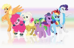 Size: 3248x2090 | Tagged: safe, artist:faitheverlasting, derpibooru import, applejack, fluttershy, pinkie pie, rainbow dash, rarity, spike, twilight sparkle, ponified, changedling, changeling, dragon, gryphon, hippogriff, kirin, pony, unicorn, yak, beak, changedlingified, changelingified, cheek fluff, chest fluff, dragonified, g4, griffonized, grin, group shot, high res, hippogriffied, image, kirin rainbow dash, kirinified, looking at you, mane seven, mane six, open beak, open mouth, open smile, pigtails, pinkie yak, png, ponified spike, rainbow background, raised hoof, raridragon, reflective floor, smiling, smirk, species swap, tongue out, twiling, twintails, yakified