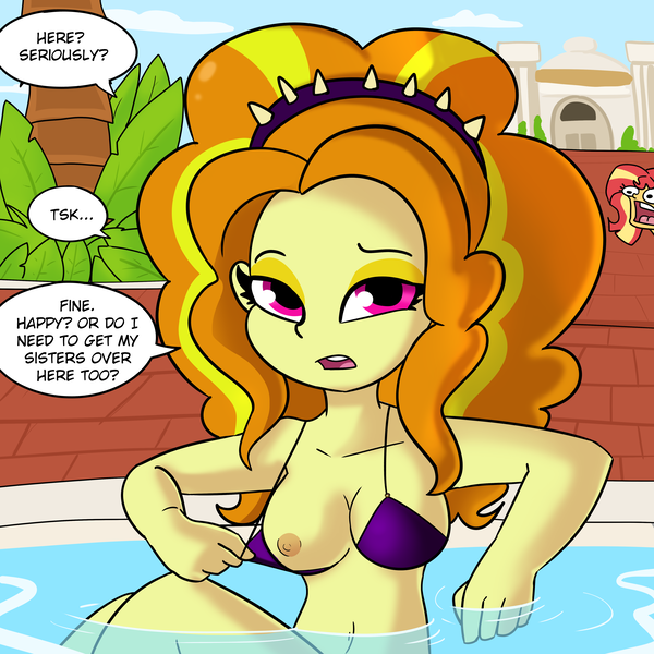 Size: 4500x4500 | Tagged: questionable, artist:tjpones, derpibooru import, adagio dazzle, sunset shimmer, human, equestria girls, absurd resolution, belly button, bikini, breasts, busty adagio dazzle, clothes, dialogue, duo, duo female, exposed breasts, faic, female, female focus, flashing, flashing boobs, g4, hot tub, image, looking at you, nipples, nudity, one breast out, partial nudity, partially submerged, png, solo focus, speech bubble, swimsuit, talking