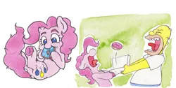 Size: 1391x702 | Tagged: safe, artist:lost marbles, derpibooru import, pinkie pie, crossover, donut, food, homer simpson, image, png, the simpsons, traditional art, watercolor painting