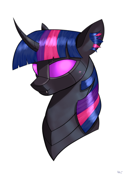 Size: 2480x3508 | Tagged: safe, artist:пшеница, derpibooru import, twilight sparkle, changeling, pony, robot, bust, derpibooru exclusive, ear fluff, female, image, mare, png, portrait, simple background, solo, transparent background, twibot