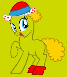 Size: 429x491 | Tagged: safe, artist:beanbases, artist:spitfirethepegasusfan39, ponerpics import, ponified, earth pony, pony, adult blank flank, base used, blank flank, clothes, female, g4, green background, hat, high heels, image, little miss, little miss splendid, mare, mr. men, mr. men little miss, open mouth, open smile, png, raised hoof, raised leg, shoes, simple background, smiling, solo, splendid