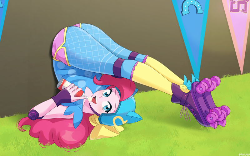 Size: 1200x750 | Tagged: safe, artist:riouku, derpibooru import, pinkie pie, human, equestria girls, friendship games, 2d, ass, banner, butt, canterlot high, clothes, commission, cute, elbow pads, female, fingerless gloves, food, g4, gloves, grass, helmet, image, knee pads, looking at you, open mouth, outdoors, png, roller skates, shorts, skates, smiling, smiling at you, solo, whipped cream