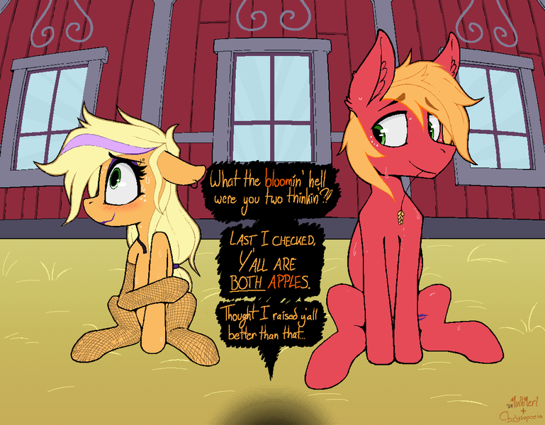 Size: 2316x1806 | Tagged: safe, artist:chrysopoeia, artist:pinkberry, derpibooru import, applejack, big macintosh, pear butter, applecest, applemac, blushing, brother and sister, female, fishnets, goth, highlights, image, implied incest, implied pear butter, implied pregnancy, implied sex, incest, lipstick, male, png, shipping, siblings, straight, sweat, younger