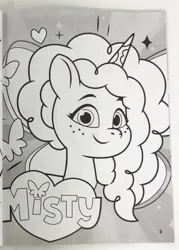 Size: 488x681 | Tagged: safe, derpibooru import, official, butterfly, insect, unicorn, g5, my little pony: tell your tale, 2d, coloring page, cute, cutie mark, heart, image, jpeg, looking at you, merchandise, misty brightdawn, mistybetes, page, photo, smiling, smiling at you