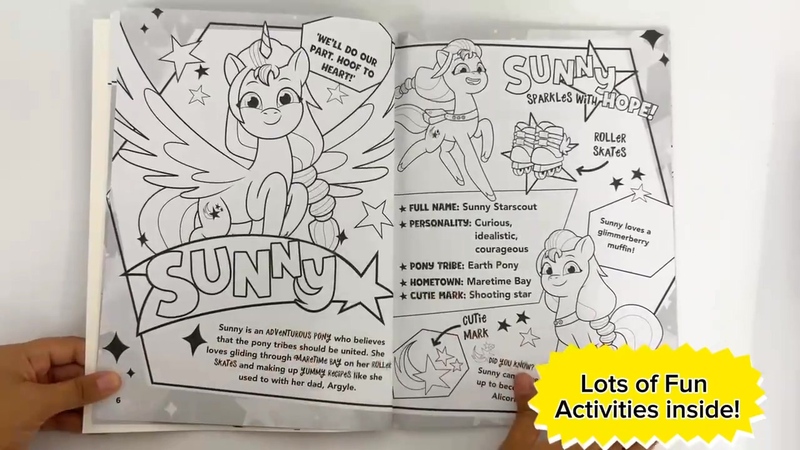 Size: 1280x720 | Tagged: safe, derpibooru import, official, sunny starscout, alicorn, earth pony, g5, my little pony: tell your tale, 2d, book, coloring book, coloring page, cutie mark, flying, image, info, jpeg, looking at you, merchandise, page, photo, profile, roller skates, skates, smiling, smiling at you, stars