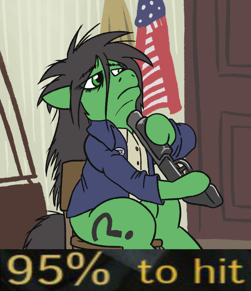 Size: 773x895 | Tagged: safe, artist:jargon scott, derpibooru import, oc, oc:anon-mare, unofficial characters only, earth pony, pony, american flag, chance to hit, clothes, female, flag, gun, hoof hold, image, implied suicide, jacket, mare, meme, png, shotgun, solo, text, weapon, x-com