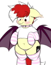 Size: 2000x2556 | Tagged: suggestive, artist:aaathebap, derpibooru import, oc, oc:aaaaaaaaaaa, unofficial characters only, bat pony, pony, bat pony oc, bat wings, belly button, bipedal, blushing, clothes, collar, embarrassed, exposed belly, eye clipping through hair, femboy, floppy ears, flustered, image, male, png, shirt, simple background, socks, solo, spread wings, stockings, striped socks, t-shirt, thigh highs, white background, wings