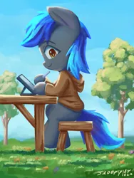 Size: 1620x2160 | Tagged: safe, artist:snoopymg1020, derpibooru import, oc, oc:snoop, unofficial characters only, earth pony, pony, blue mane, brown eyes, clothed ponies, clothes, detailed background, gray coat, image, looking at you, male, png, ponysona, sitting, solo, stallion, table, tablet, tablet pen