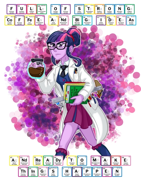 Size: 1280x1656 | Tagged: safe, artist:texasuberalles, derpibooru import, sci-twi, twilight sparkle, equestria girls, abstract background, book, clothes, coffee, coffee pot, doctor who, female, g4, glasses, image, jpeg, kirby krackle, lab coat, necktie, periodic table, pliers, skirt, solo, sonic screwdriver, t-square