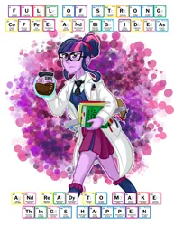 Size: 1280x1656 | Tagged: safe, artist:texasuberalles, derpibooru import, sci-twi, twilight sparkle, equestria girls, abstract background, book, clothes, coffee, coffee pot, doctor who, female, g4, glasses, image, jpeg, kirby krackle, lab coat, necktie, periodic table, pliers, skirt, solo, sonic screwdriver, t-square