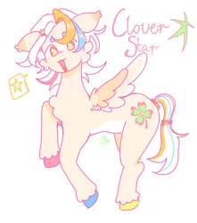 Size: 1500x1700 | Tagged: safe, artist:rulakkuma, derpibooru import, oc, oc:clover star, unofficial characters only, pegasus, pony, beanbrows, bracelet, cheek fluff, chest fluff, colored eartips, colored eyebrows, colored hooves, colored wings, colored wingtips, ear tufts, eyebrows, hair accessory, hairpin, hooves, image, jewelry, looking at you, male, multicolored hair, multicolored hooves, multicolored tail, open mouth, open smile, pale belly, pegasus oc, pink text, png, ponysona, raised hoof, raised hooves, signature, simple background, smiling, smiling at you, solo, speech bubble, spread wings, stallion, tail, text, tied tail, unshorn fetlocks, white background, wings, yellow eyes
