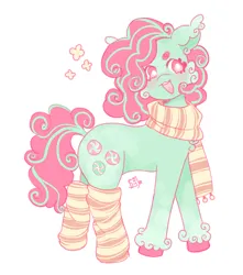Size: 1500x1700 | Tagged: safe, artist:rulakkuma, derpibooru import, minty, earth pony, pony, g3, alternate design, alternate hairstyle, alternate mane color, alternate tailstyle, beanbrows, blushing, clothes, colored eyebrows, colored hooves, colored pinnae, curly mane, curly tail, ear fluff, ear tufts, eyebrows, female, image, looking away, mare, open mouth, open smile, pink eyes, png, scarf, signature, simple background, smiling, socks, solo, splotches, standing, striped socks, tail, teeth, two toned mane, two toned tail, unshorn fetlocks, white background, wingding eyes